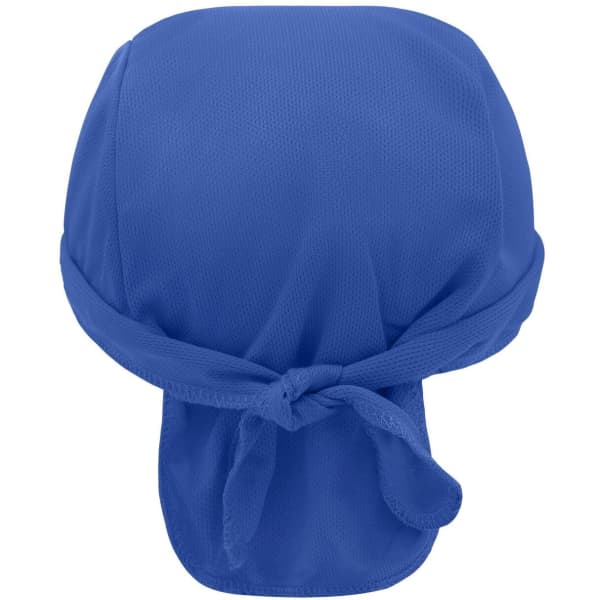 A blue Functional Bandana Hat with a tied back design and breathable fabric, featuring a logo.