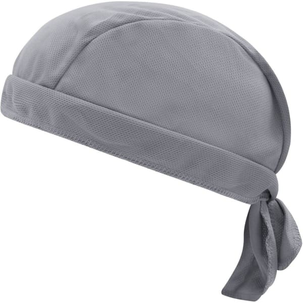 A grey Functional Bandana Hat featuring a tied design and a mesh-like texture. It includes a branding logo.