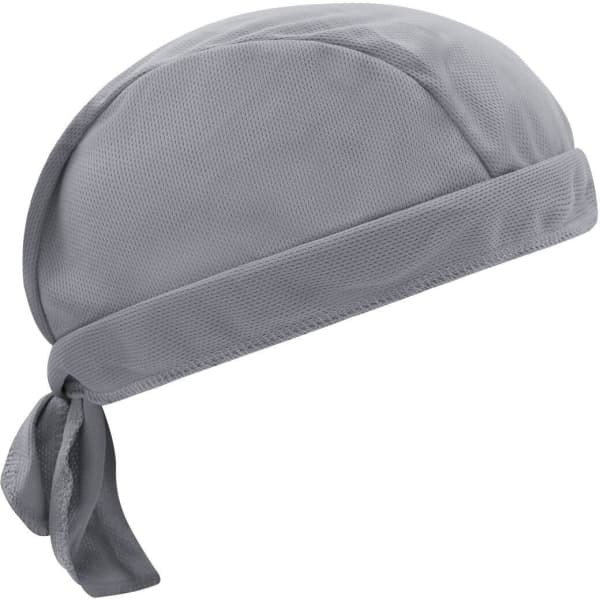A grey functional bandana hat with a tied back design, featuring a logo on the fabric.