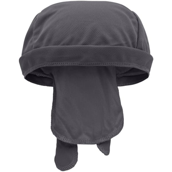 A grey Functional Bandana Hat featuring a breathable fabric and extended tie-down straps. It has a logo on it.
