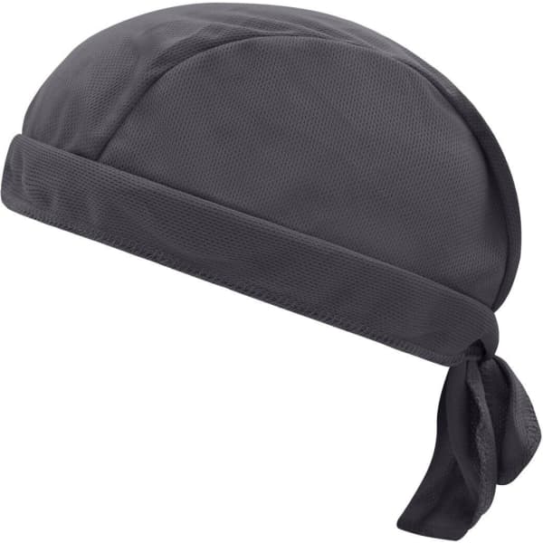 A grey bandana hat with a tied back design, featuring a logo on the side.