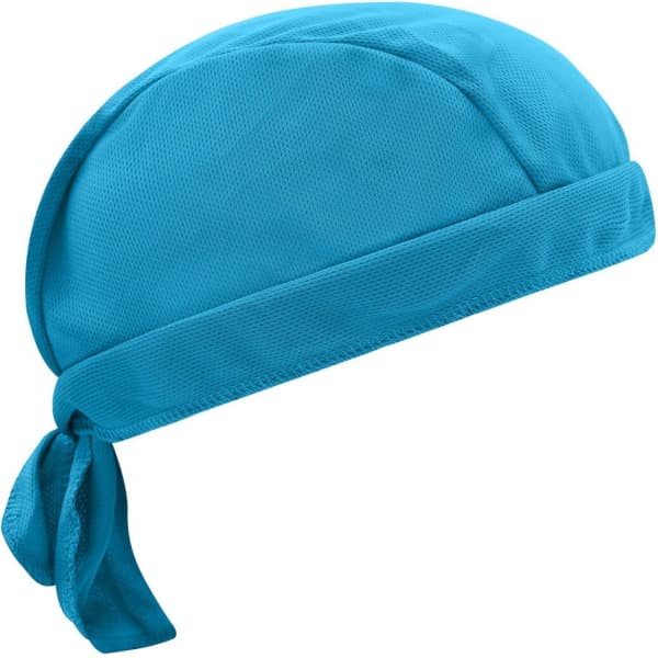 A functional bandana hat in bright blue, featuring a tied back design and made from breathable fabric.