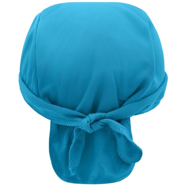 A turquoise bandana hat with a tied back and breathable fabric. It features a logo on the side.