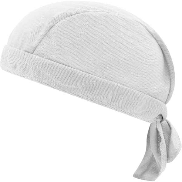 A white Functional Bandana Hat with a tied back design and textured fabric, featuring a logo.