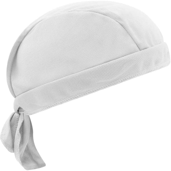A white bandana hat with a tied back design and a textured fabric. It features a logo on the side.