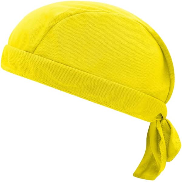 A yellow Functional Bandana Hat featuring a tied back design and textured fabric, suitable for headwear use.