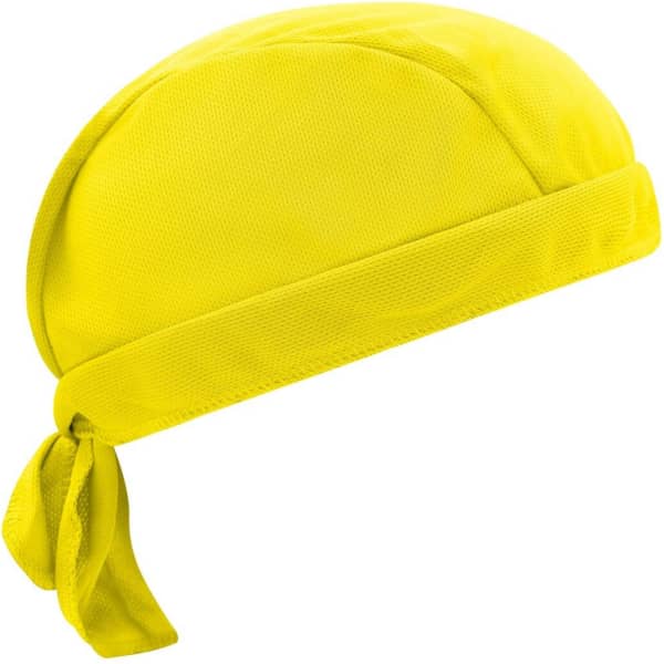A bright yellow bandana hat featuring a tied back design and a textured surface. It has a logo on it.
