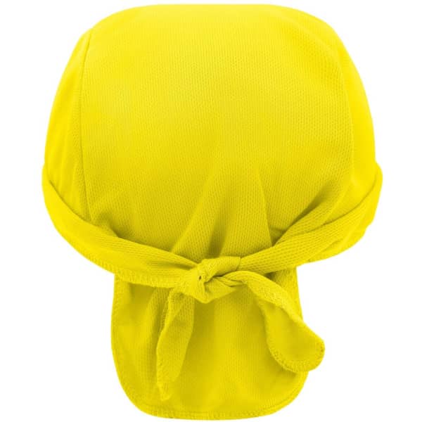 A bright yellow bandana hat with a tied back and a textured fabric. It features a logo on the side.