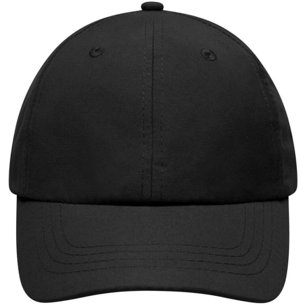 A black cap featuring a simple design and a logo, ideal for casual wear or promotional purposes.