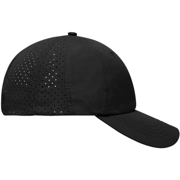 A black laser cut cap with perforated details and a curved brim. It features a logo on the side.