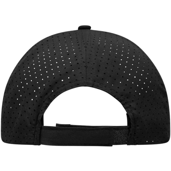 A black cap with laser-cut perforations and an adjustable strap at the back. It features a logo.