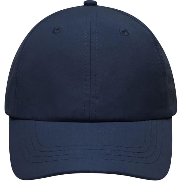A navy blue laser cut cap with a structured front and stitching detail, featuring a logo.