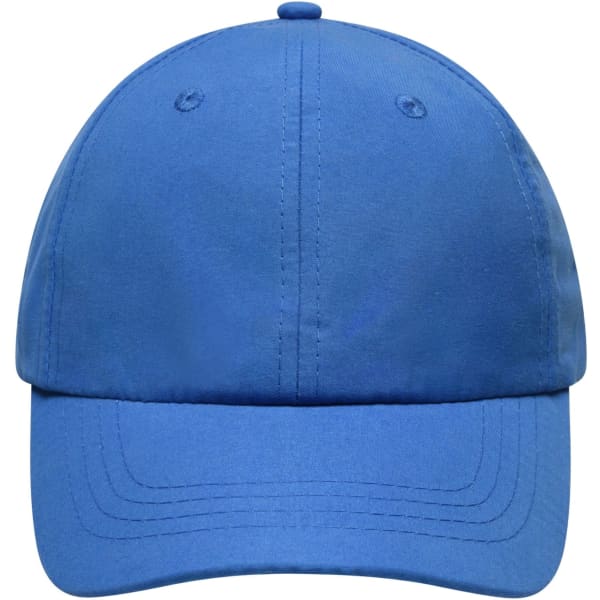 A blue cap featuring a structured design and a slight curve in the visor, with a logo on the front.
