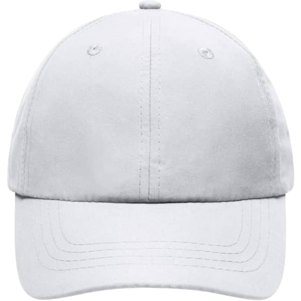 A white cap with a curved brim and a logo on the front, featuring a smooth fabric finish.