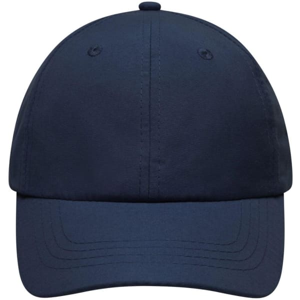 A navy blue cap with a curved brim and a logo on the front. Features ventilation holes on the top.