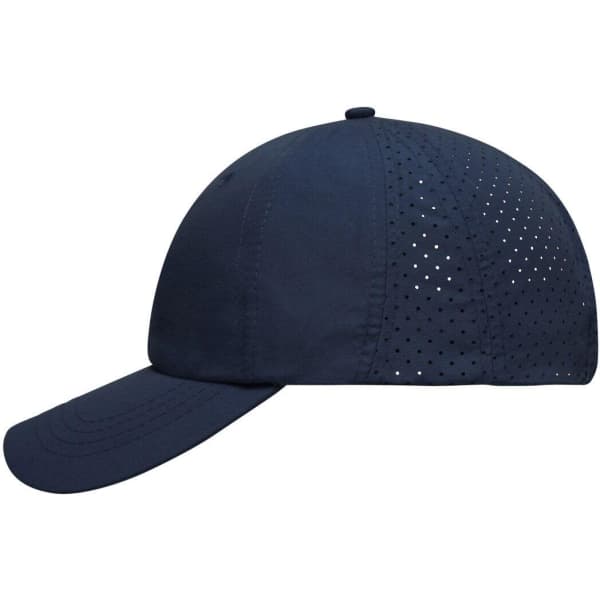 A navy laser cut cap featuring perforated detailing on the crown and a curved brim. It has a logo on the side.