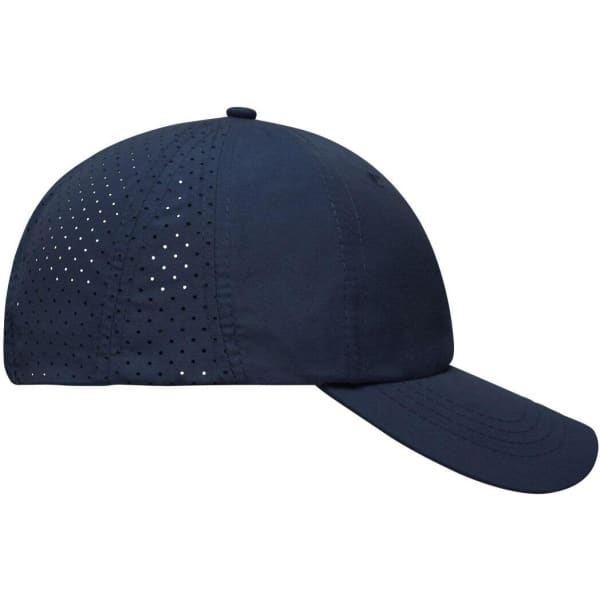 A navy cap with laser-cut ventilation holes and a curved brim, featuring a branding logo.