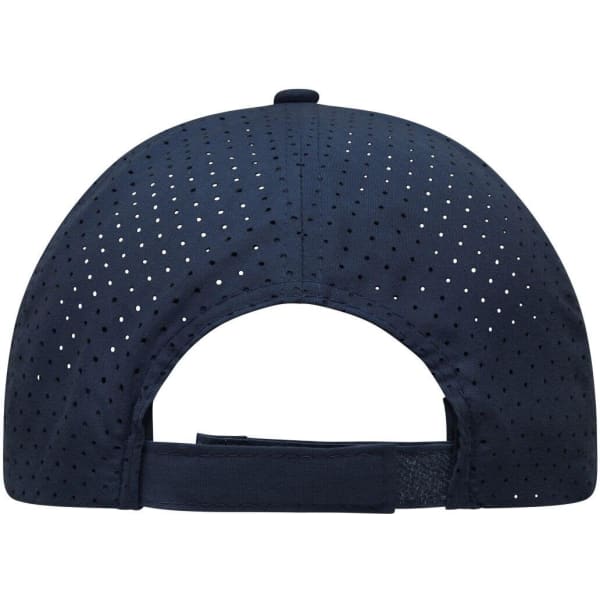 A navy blue cap featuring laser cut detailing and a strap closure at the back. It includes a logo.