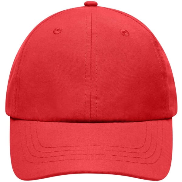 A red cap featuring a logo, designed with a structured crown and curved brim.