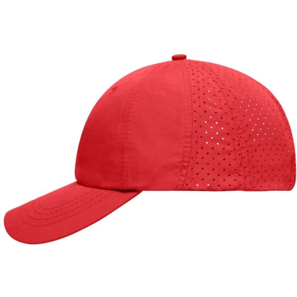 A red cap with laser-cut ventilation holes and a curved brim. It features a logo on the side.