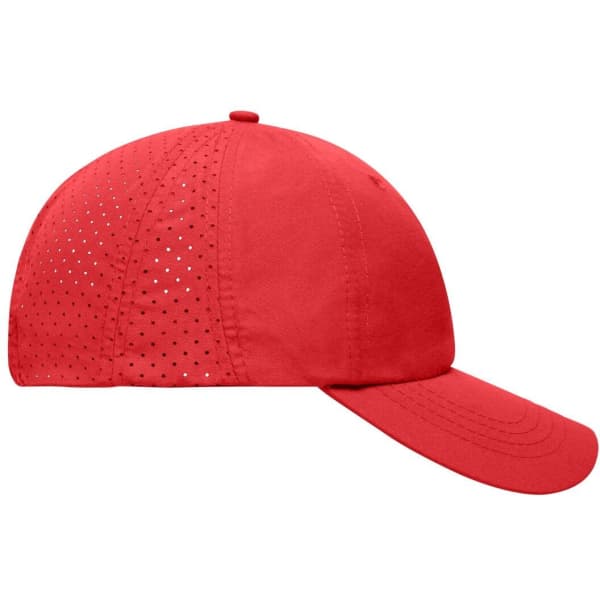 A red cap featuring laser cut perforations and a curved brim, designed for headwear. Includes a logo.
