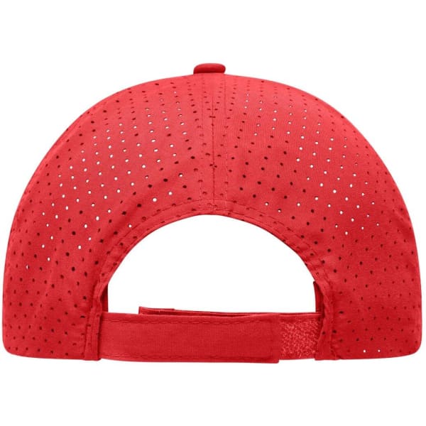 A red laser cut cap featuring breathable perforations and an adjustable back strap. It includes a logo.