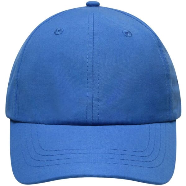 A blue cap with a classic design and a logo on the front, featuring stitching along the brim and crown.