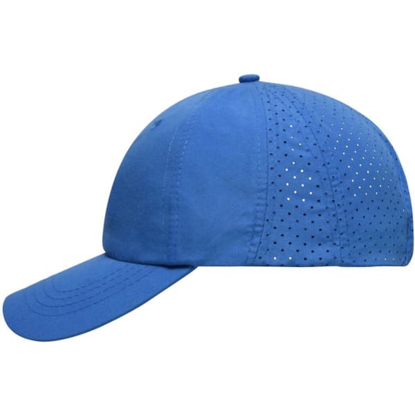 A blue cap with laser-cut ventilation holes and a curved brim. It features a logo on the side.