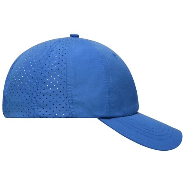 A blue cap with laser-cut perforations and a curved brim. It features a logo on the side.