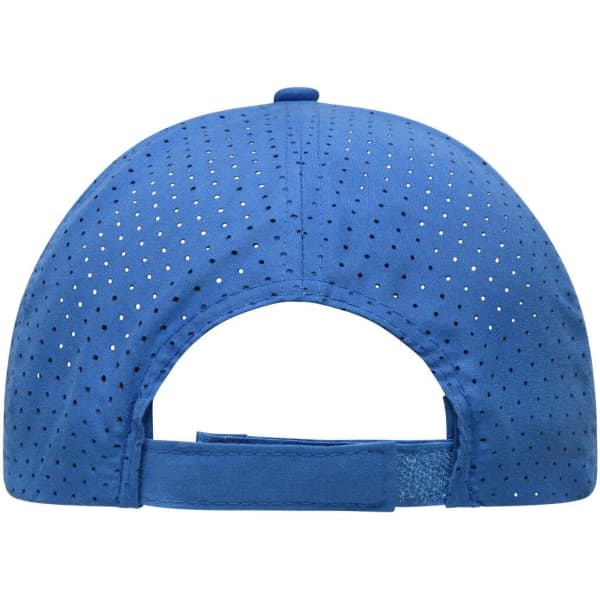 A blue cap featuring a laser-cut design with perforations and an adjustable strap at the back.
