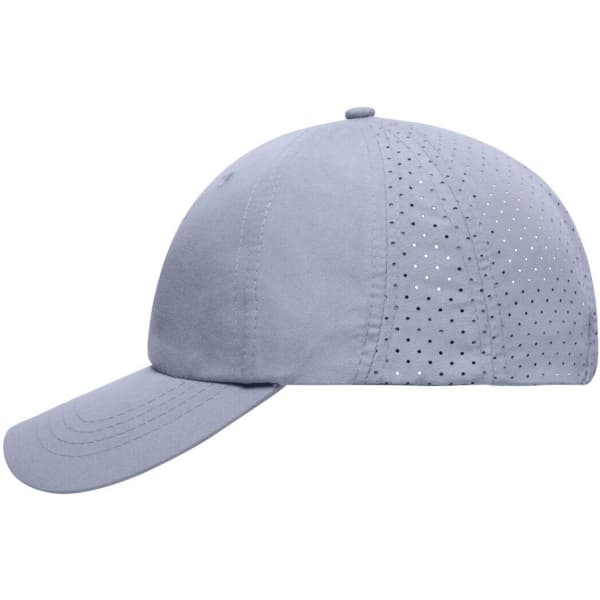 A light grey cap with a perforated design, featuring a curved brim and an adjustable back.