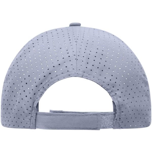 A grey laser cut cap featuring ventilation holes and an adjustable strap at the back. It has a logo on it.