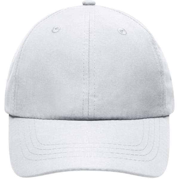 A grey cap with a rounded top and a curved brim, featuring two ventilation holes and a logo.