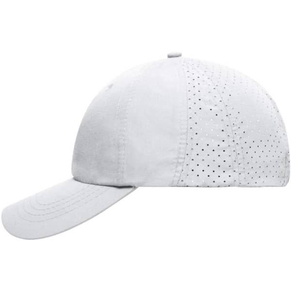 A white cap with laser-cut perforations and a curved brim, featuring a logo on the side.