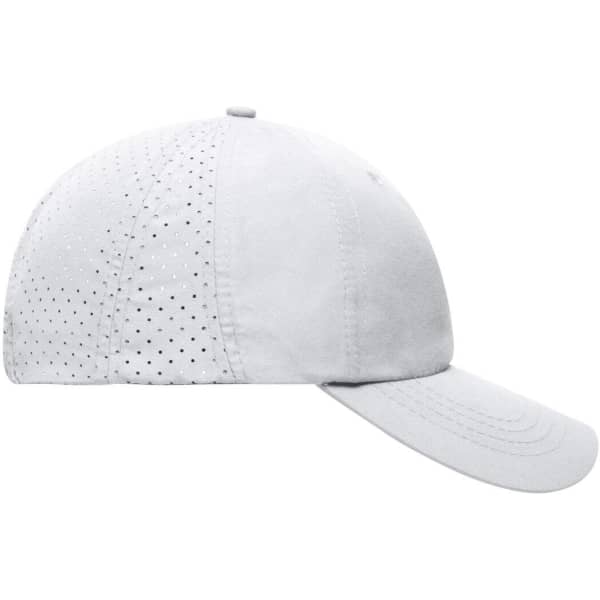A grey cap with a perforated design and a curved brim, featuring a logo on the front.
