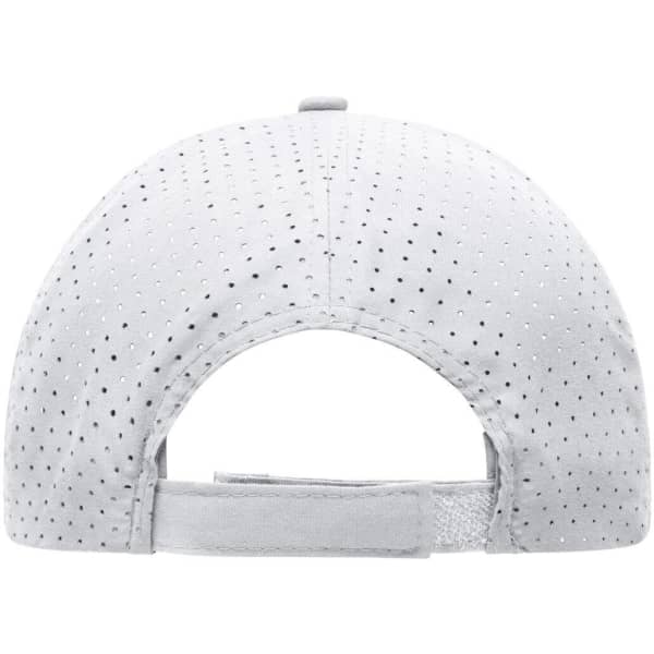 A grey laser cut cap featuring perforations and an adjustable strap at the back. It has a logo on the side.