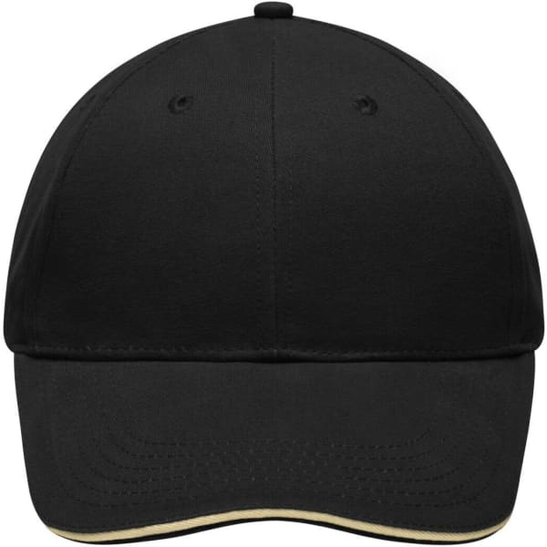 A black cap with a curved peak and light-coloured trim, featuring a logo on the front.