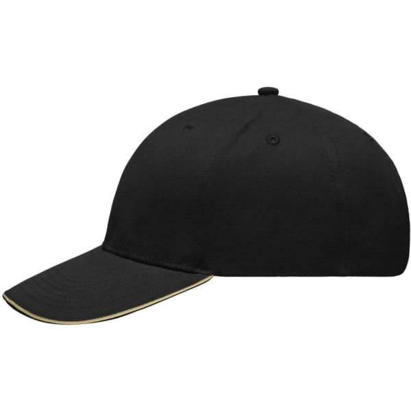 A black cap with a curved brim and contrasting trim, featuring a logo on the front.
