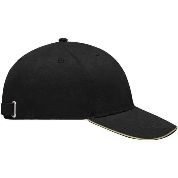 A black cap with a curved brim, featuring a light brushed finish and an adjustable strap at the back.