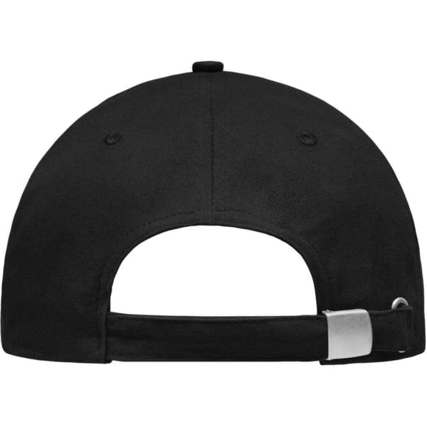A black brushed sandwich cap featuring a rear adjustable strap and a logo on the back.