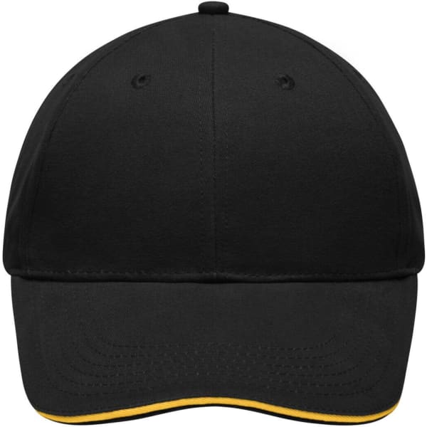 A black cap with a yellow underbrim and a logo on the front. Suitable for casual wear.