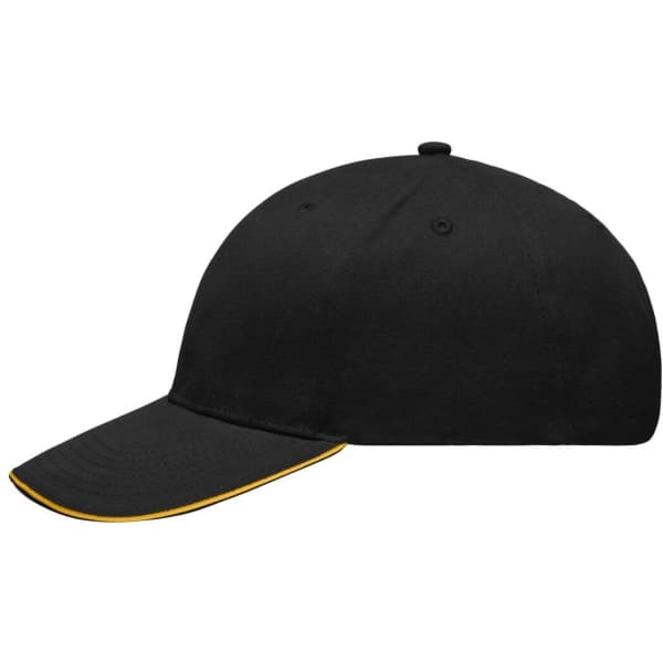 A black cap featuring a yellow trim along the visor, with a logo on the front.