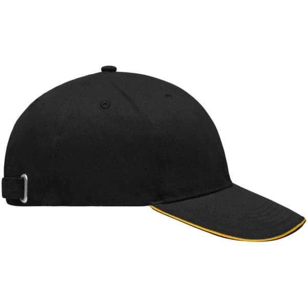 A black cap with a yellow underside on the brim and an adjustable strap at the back, featuring a logo.
