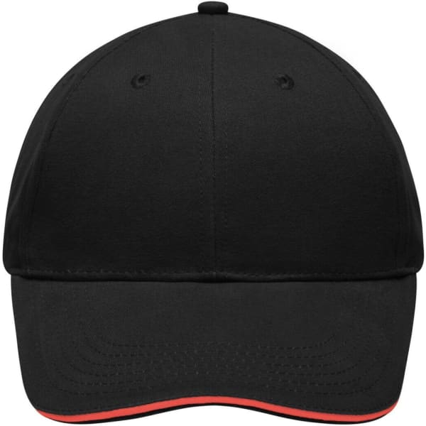 A black cap with a red trim, featuring a logo on the front. Ideal for casual wear or promotions.