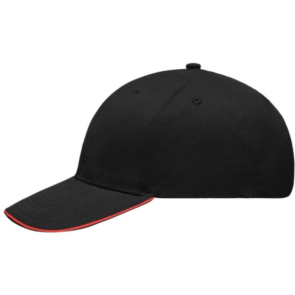 A black cap featuring a red accent on the brim and a branded logo.