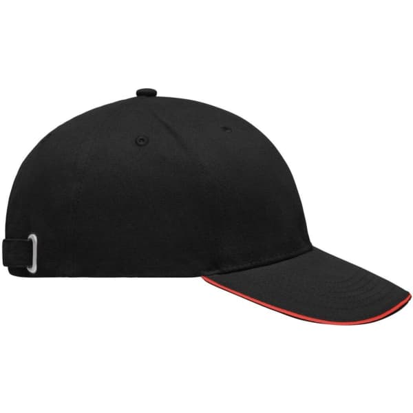 A black cap with a red accent on the brim and a branding logo on the side.