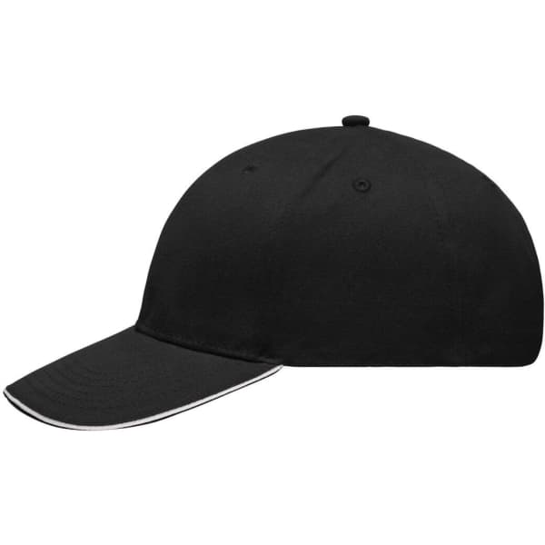 A black cap with a curved brim, featuring a light brushed texture and a logo on the front.
