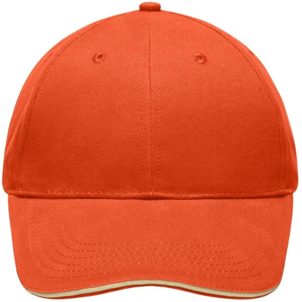 An orange cap with a smooth finish and a logo on the front, featuring a classic curved brim.