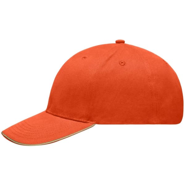 An orange cap with a curved brim and a contrasting trim, featuring a logo on the front.