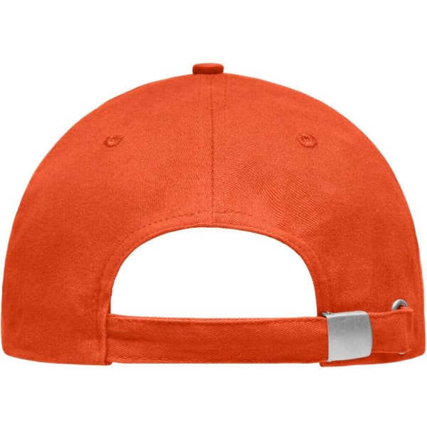 An orange light brushed sandwich cap featuring a metallic adjustable strap at the back and a logo.
